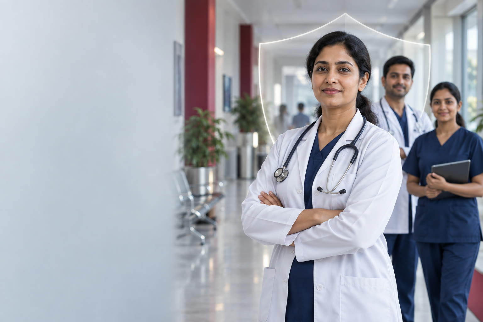 Illustrative campaign artwork of three fictional healthcare professionals in a hospital, with a protective shield motif.