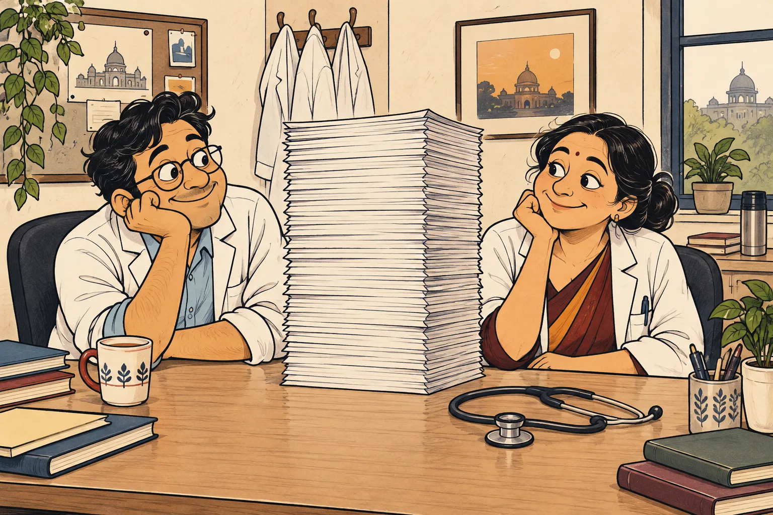 Two smiling doctors sit beside a towering stack of paperwork in their staff room.