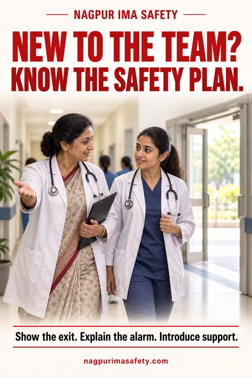 NEW TO THE TEAM? KNOW THE SAFETY PLAN. — Show the exit. Explain the alarm. Introduce support.