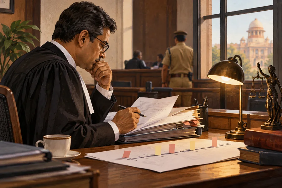 Editorial illustration: Indian lawyer in black advocate coat seen in profile at a wooden desk, carefully checking a hospital incident case file and a timeline with blank paper markers.