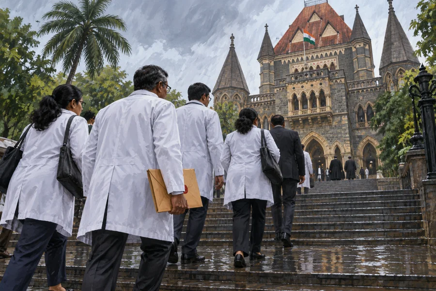 Editorial illustration: A delegation of Indian doctors carrying a sealed petition up broad courthouse steps, rear three-quarter view, monsoon daylight.