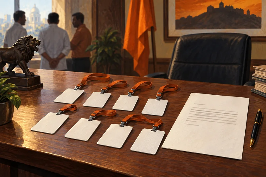 Editorial illustration: Seven blank membership ID cards laid face down beside a plain disciplinary letter on a regional political-office desk.