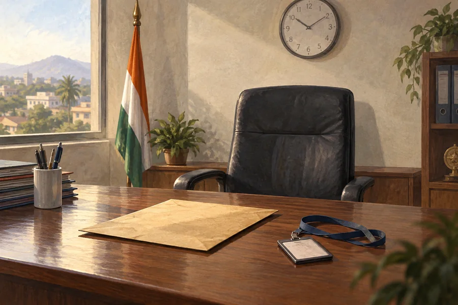 Editorial illustration: A single empty office chair under a plain wall clock, an unsigned-looking suspension envelope and face-down ID badge on its desk.