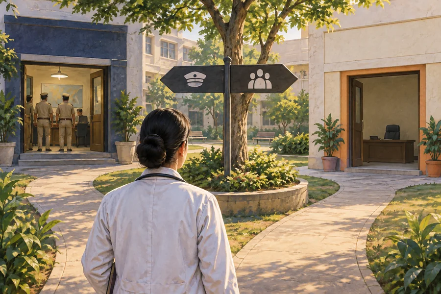 Editorial illustration: Two distinct pathways seen through an institutional courtyard, one leading to a police-station doorway and one to an empty political office.