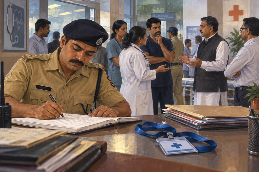 Editorial illustration: A police officer carefully entering an incident complaint in a ledger while a hospital staff identity lanyard rests beside the paperwork.