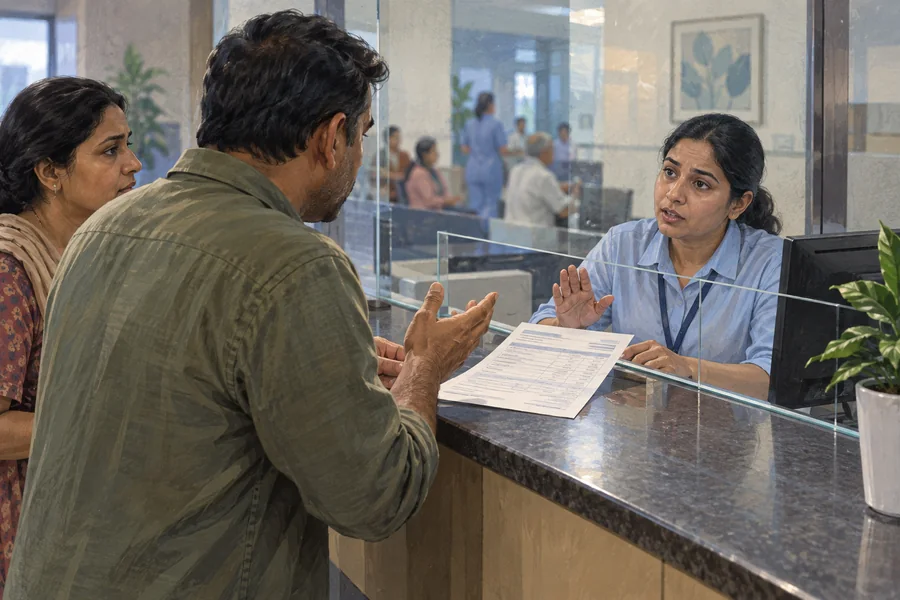 Editorial illustration: Hospital billing counter behind protective glass, a printed itemized bill with no legible data between a visitors hand and staff member, tense but calm body language.