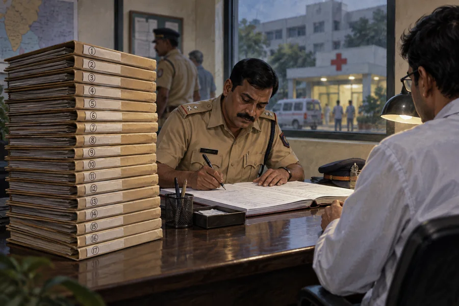 Editorial illustration: A stack of seventeen plain numbered-looking but illegible case folders beside a police report register, hospital outline visible through a window.