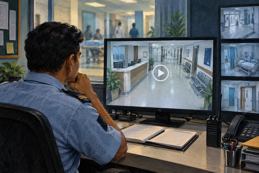 Editorial illustration: A hospital security control-room desk with a monitor showing an empty billing corridor and a paused-play icon without text.