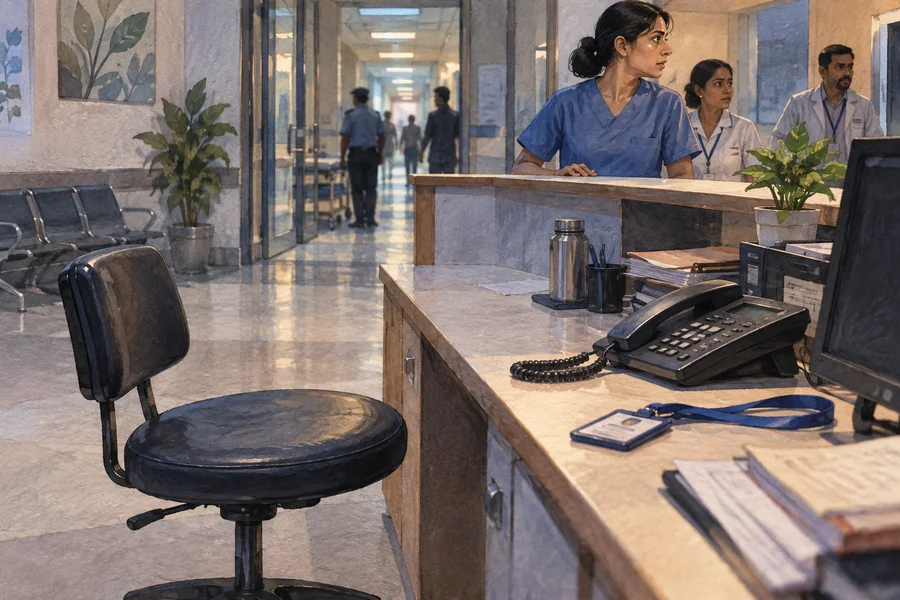 Editorial illustration: An empty reception stool pushed slightly away from a hospital desk, staff access card and telephone in focus, a colleague standing protectively behind the counter.