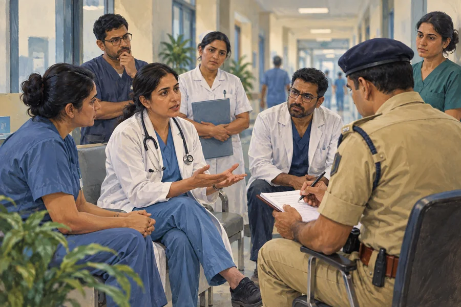 Editorial illustration: A group of fictional hospital workers listening to a police officer take statements in a calm corridor, angled wide view.