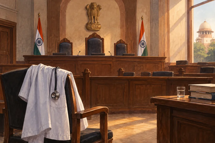 Editorial illustration: An empty Indian courtroom bench with a white doctors coat draped over a visitor chair in the foreground.