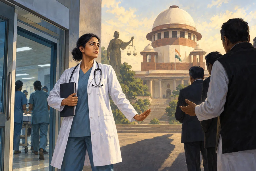 Editorial illustration: Fictional doctor standing between a hospital doorway and a large courthouse shadow, anonymous suited political figures at a respectful distance.