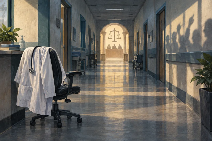Editorial illustration: A long hospital corridor with one empty doctors chair and successive doorways receding toward a distant court-like arch.