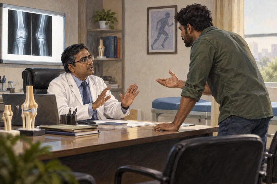 Editorial illustration: An orthopaedic consultant room with a knee model and X-ray lightbox, a fictional doctor and adult patient attendant separated by a desk in restrained tense conversation.