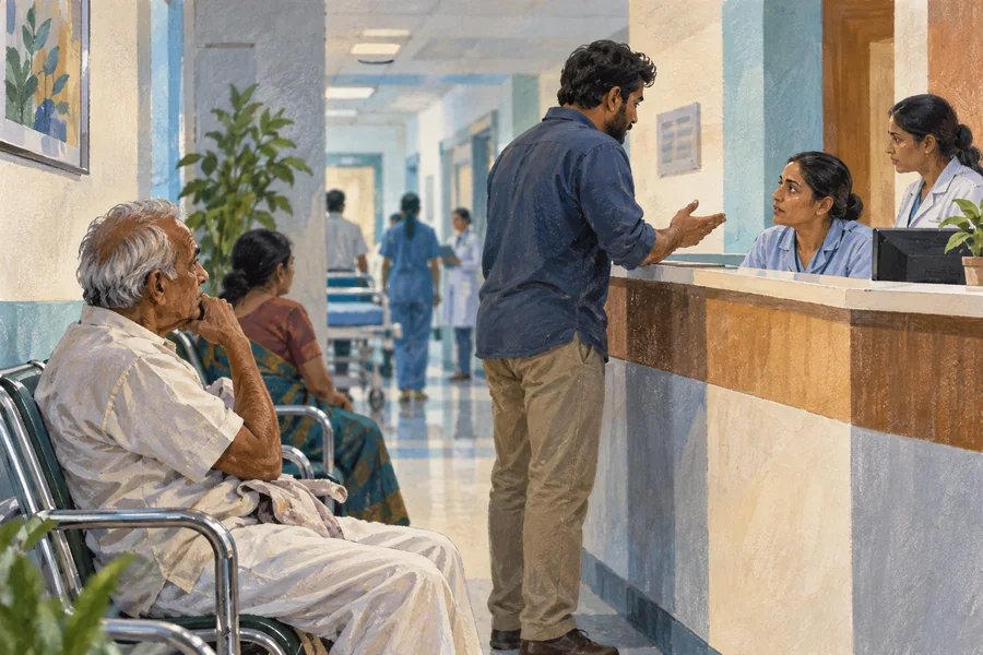 Editorial illustration: A fictional older patient seated in a hospital waiting room while an adult relative speaks to staff behind a counter, clinical corridor beyond.