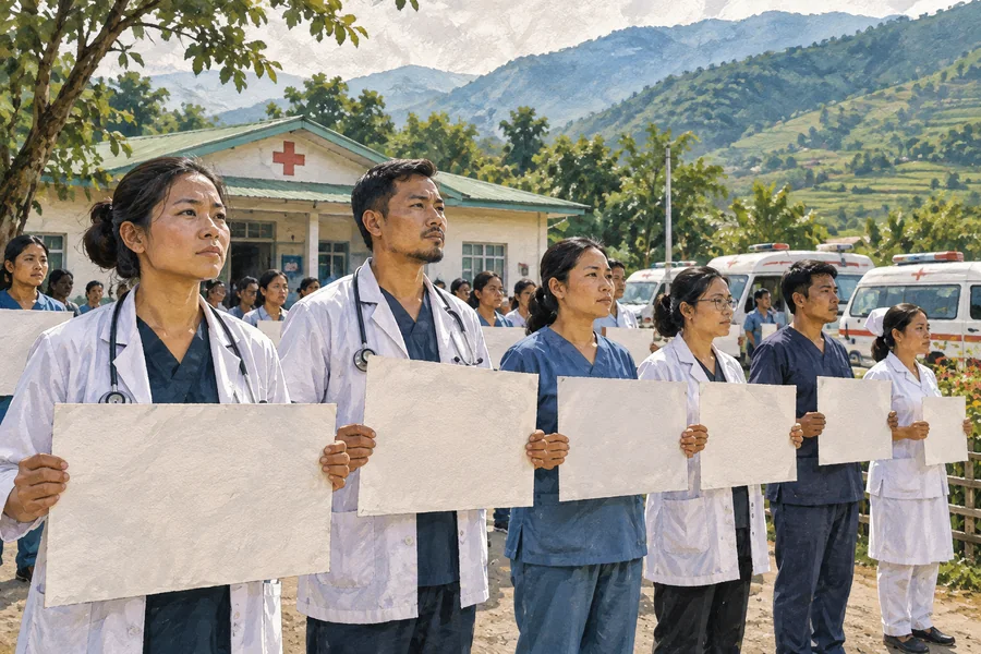 Editorial illustration: A peaceful line of fictional doctors and nurses in the green hills of Manipur, simple blank placards held at chest height, rural clinic behind.