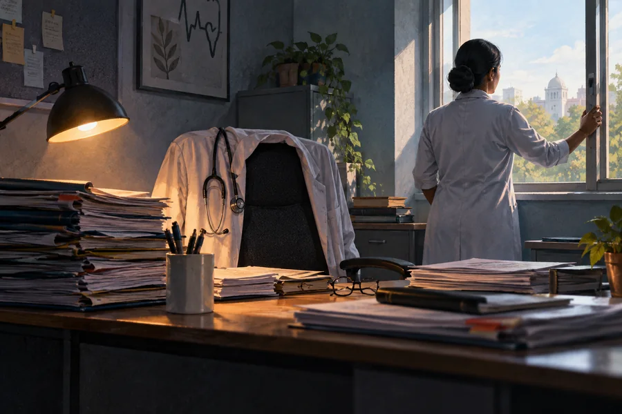 Editorial illustration: A doctors empty desk stacked with duty paperwork under a dim lamp, a colleague opening a window to daylight.