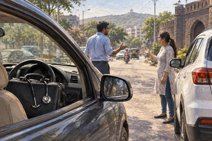 Editorial illustration: A city road in Pune with two stationary cars and a doctors bag visible beside a steering wheel, occupants speaking from a distance.