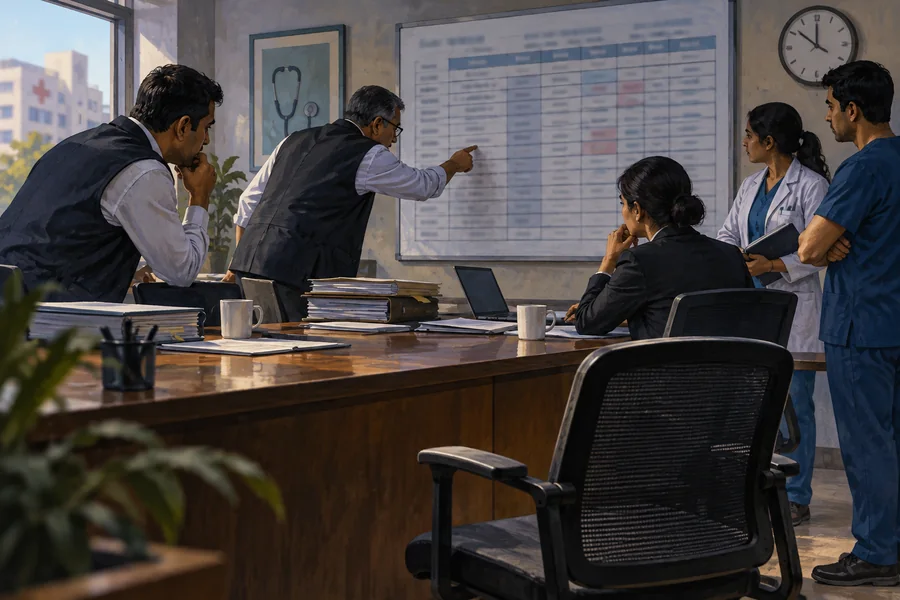 Editorial illustration: An investigative team reviewing a hospital staff-duty chart with unreadable text in an institutional conference room, empty chair in foreground.