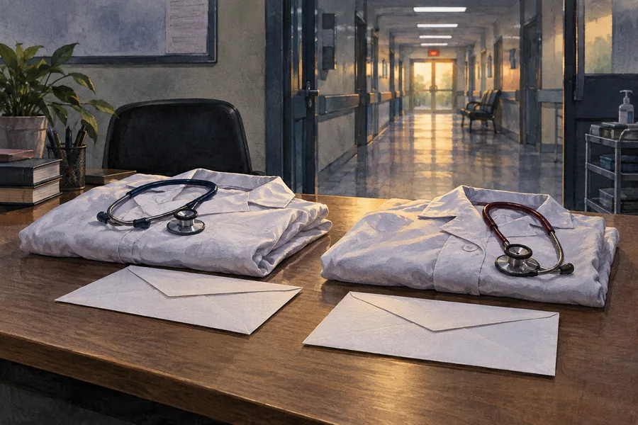 Editorial illustration: Two folded white doctors coats and two resignation envelopes on an empty hospital desk, corridor lights receding beyond.